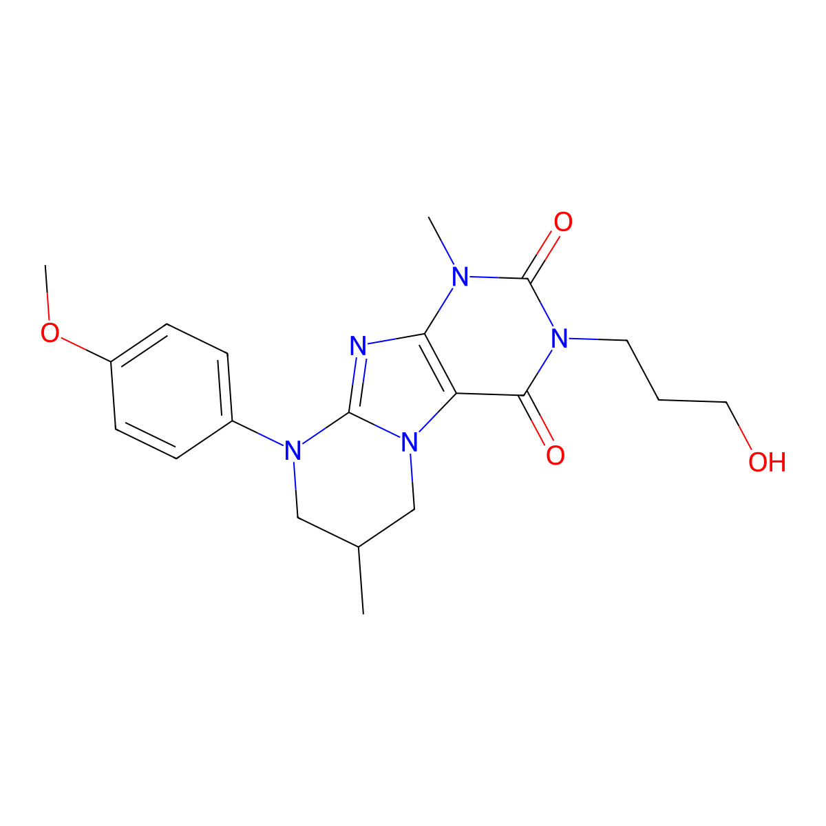 3-(3-hydroxypropyl)-9-(4-methoxyphenyl)-1,7-dimethyl-6,7,8,9-tetrahydropyrimido[2,1-f]purine-2,4(1H,3H)-dione molecular structure, CAS 845807-90-1
