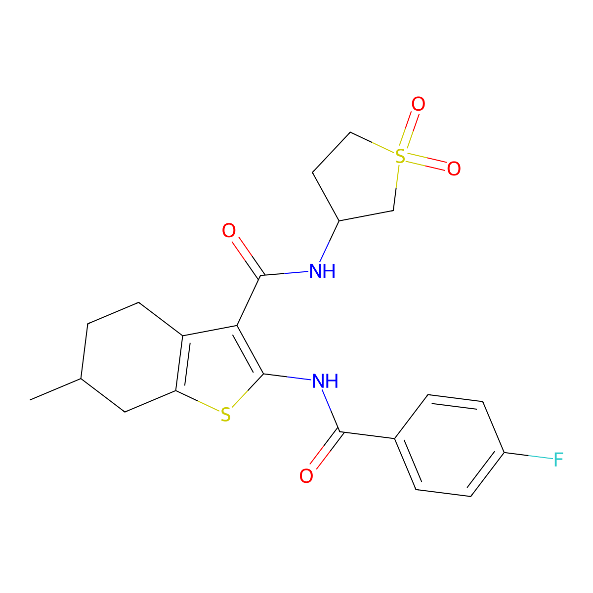 N-(1,1-dioxidotetrahydrothiophen-3-yl)-2-{[(4-fluorophenyl)carbonyl]amino}-6-methyl-4,5,6,7-tetrahydro-1-benzothiophene-3-carboxamide molecular structure, CAS 845807-91-2
