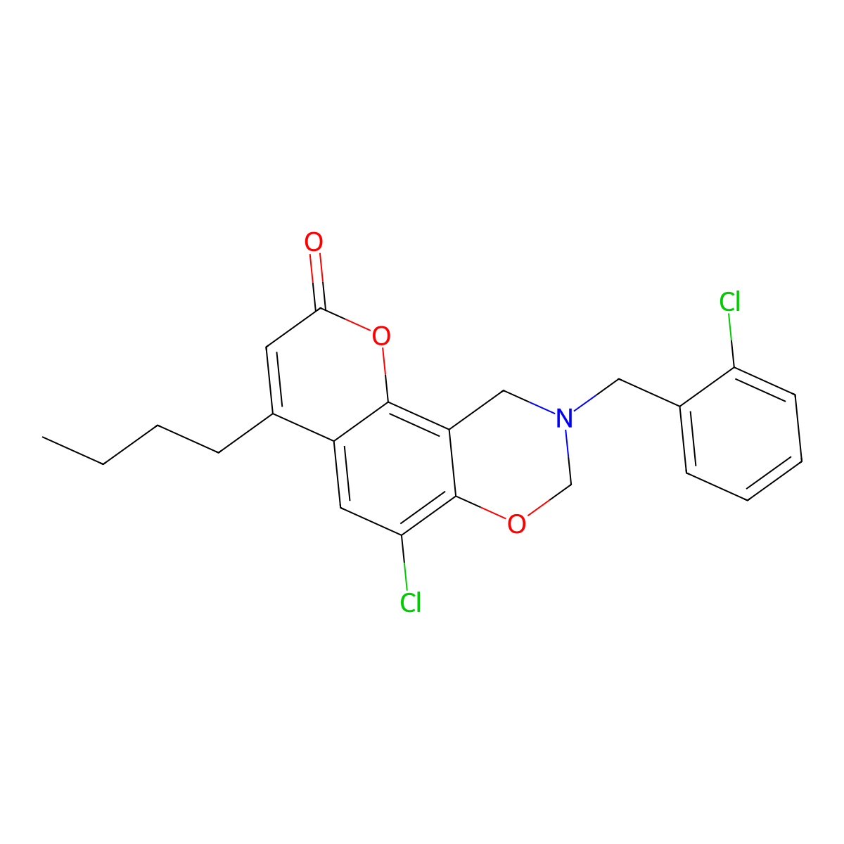 4-butyl-6-chloro-9-(2-chlorobenzyl)-9,10-dihydro-2H,8H-chromeno[8,7-e][1,3]oxazin-2-one molecular structure, CAS 845808-63-1