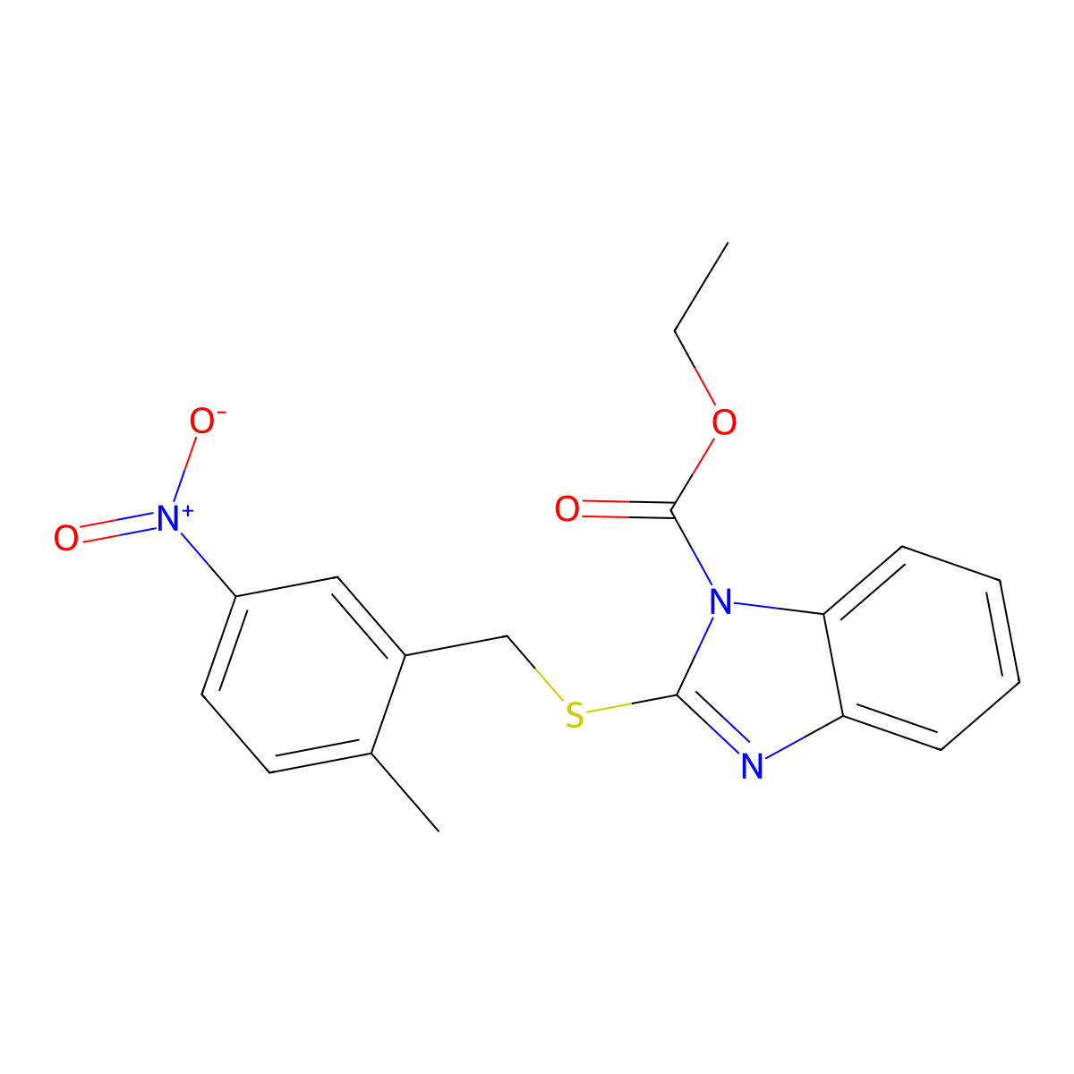 Ethyl 2-((2-methyl-5-nitrobenzyl)thio)-1H-benzo[d]imidazole-1-carboxylate molecular structure, CAS 845879-36-9