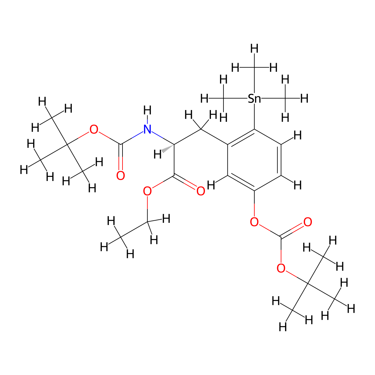 (S)-Ethyl 2-((tert-butoxycarbonyl)amino)-3-(5-((tert-butoxycarbonyl)oxy)-2-(trimethylstannyl)phenyl)propanoate molecular structure, CAS 845882-24-8