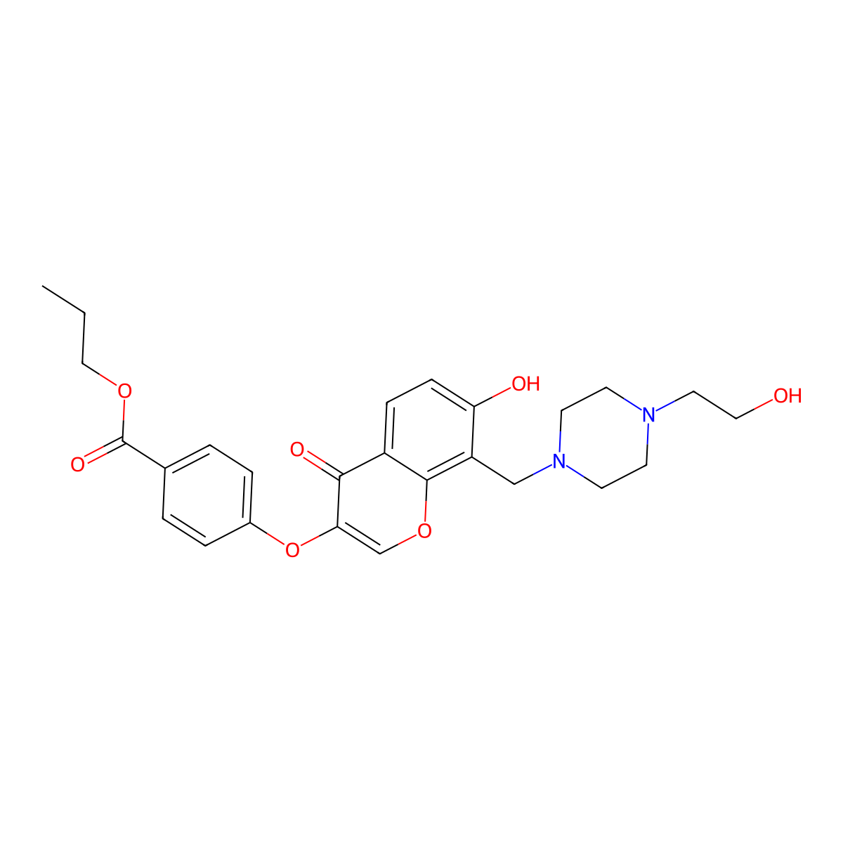 propyl 4-[(7-hydroxy-8-{[4-(2-hydroxyethyl)piperazin-1-yl]methyl}-4-oxo-4H-chromen-3-yl)oxy]benzoate molecular structure, CAS 845899-56-1