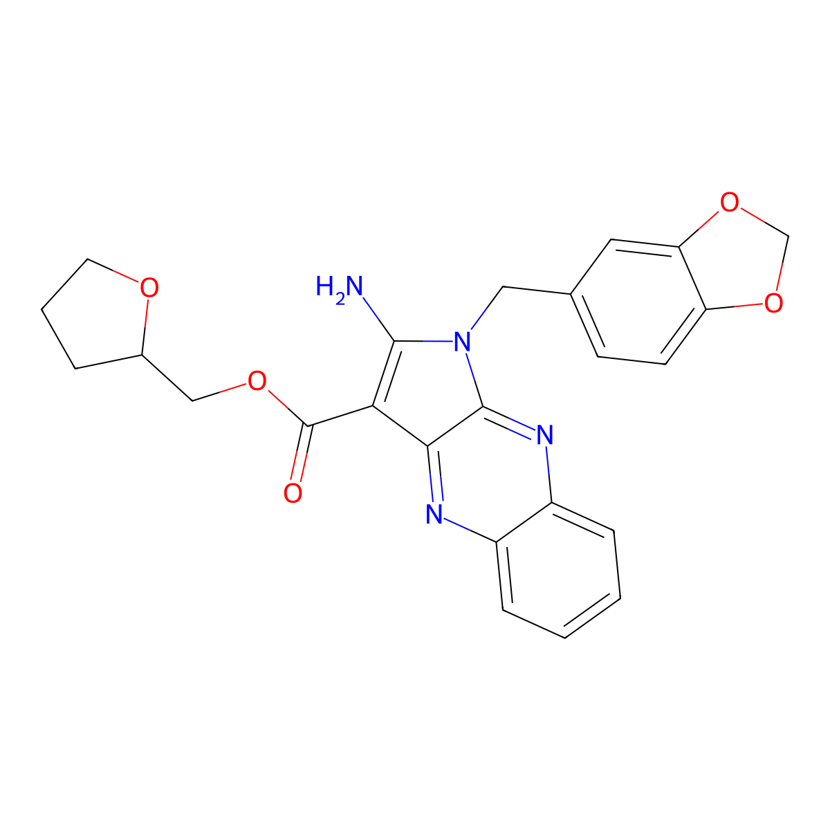 (tetrahydrofuran-2-yl)methyl 2-amino-1-(benzo[d][1,3]dioxol-5-ylmethyl)-1H-pyrrolo[2,3-b]quinoxaline-3-carboxylate molecular structure, CAS 845899-60-7
