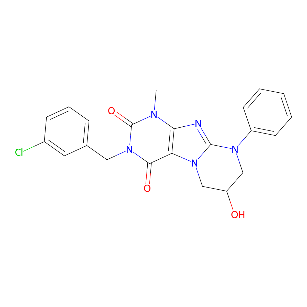 3-(3-chlorobenzyl)-7-hydroxy-1-methyl-9-phenyl-6,7,8,9-tetrahydropyrimido[2,1-f]purine-2,4(1H,3H)-dione molecular structure, CAS 845900-78-9