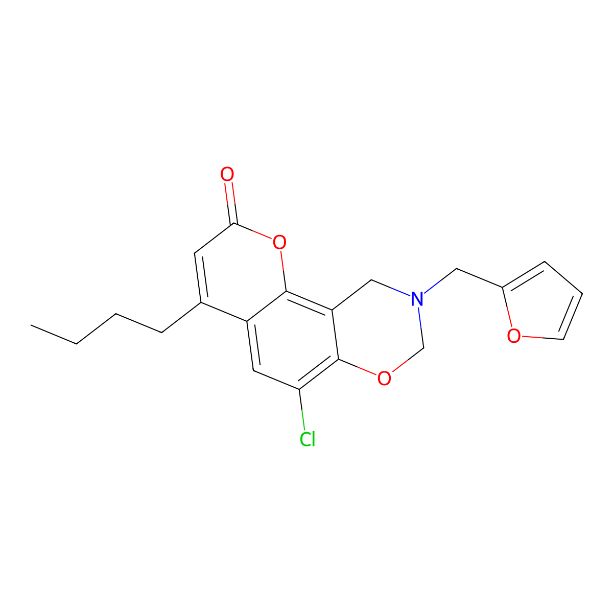 4-butyl-6-chloro-9-(2-furylmethyl)-9,10-dihydro-2H,8H-chromeno[8,7-e][1,3]oxazin-2-one molecular structure, CAS 845900-84-7