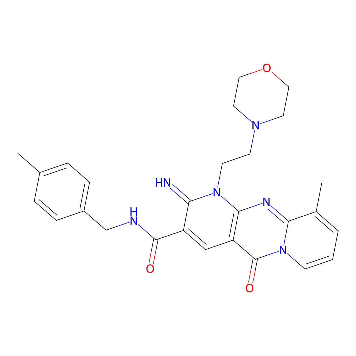 6-imino-11-methyl-N-[(4-methylphenyl)methyl]-7-(2-morpholin-4-ylethyl)-2-oxo-1,7,9-triazatricyclo[8.4.0.03,8]tetradeca-3(8),4,9,11,13-pentaene-5-carboxamide molecular structure, CAS 845900-88-1