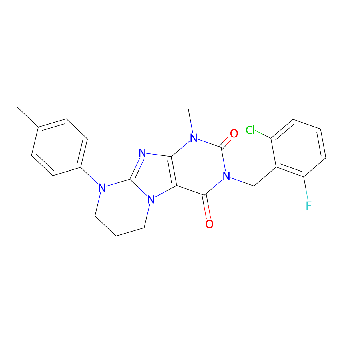3-[(2-chloro-6-fluorophenyl)methyl]-1-methyl-9-(4-methylphenyl)-7,8-dihydro-6H-purino[7,8-a]pyrimidine-2,4-dione molecular structure, CAS 845903-28-8