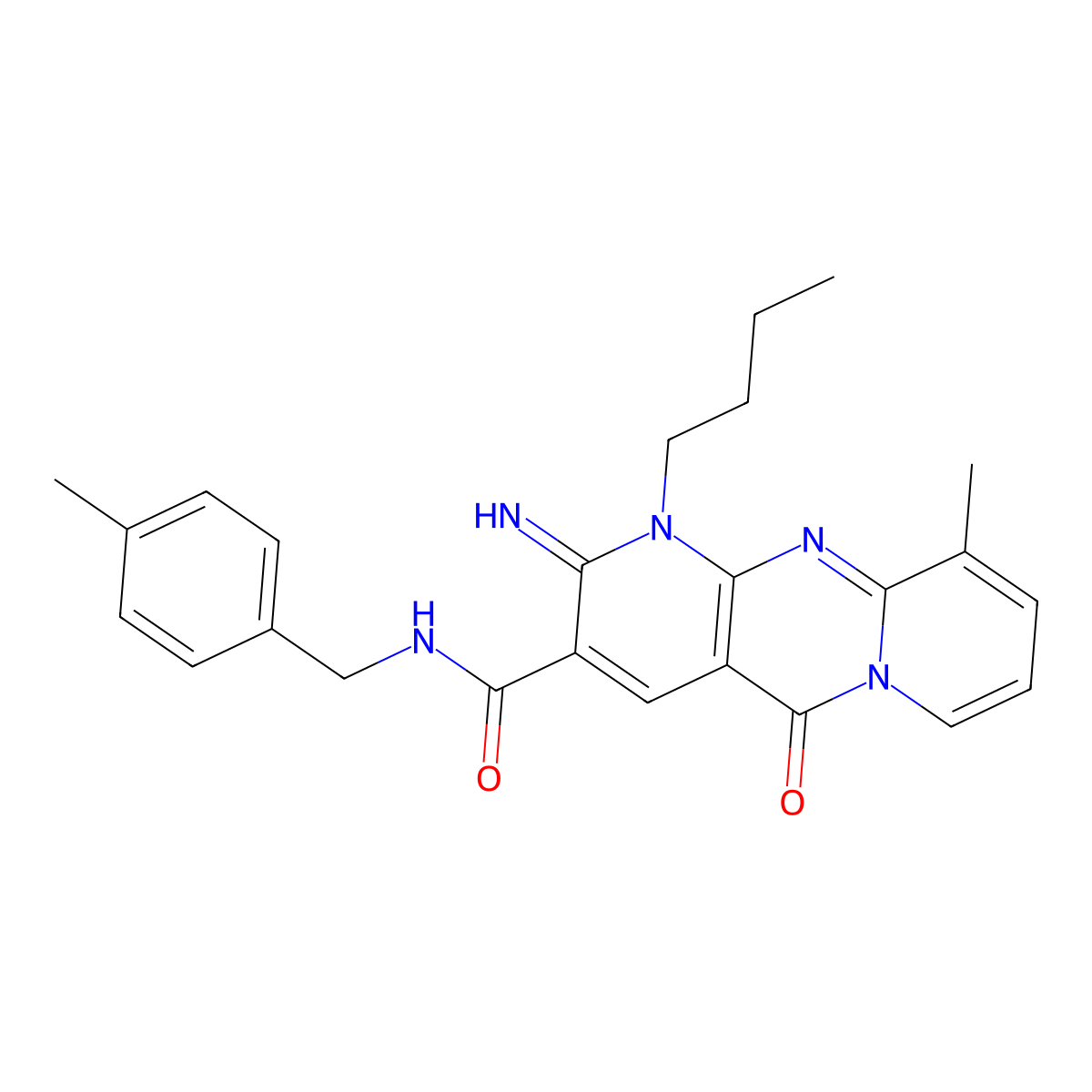 7-butyl-6-imino-11-methyl-N-[(4-methylphenyl)methyl]-2-oxo-1,7,9-triazatricyclo[8.4.0.0^{3,8}]tetradeca-3(8),4,9,11,13-pentaene-5-carboxamide molecular structure, CAS 845903-64-2
