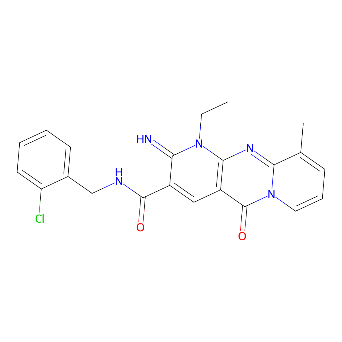 N-(2-chlorobenzyl)-1-ethyl-2-imino-10-methyl-5-oxo-1,5-dihydro-2H-dipyrido[1,2-a:2',3'-d]pyrimidine-3-carboxamide molecular structure, CAS 845903-92-6