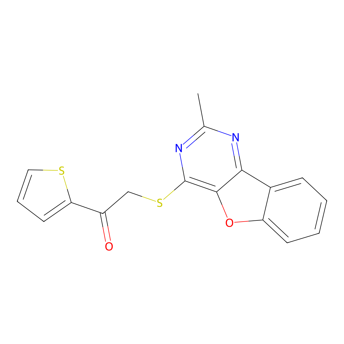 2-[(2-Methyl-[1]benzofuro[3,2-d]pyrimidin-4-yl)sulfanyl]-1-thiophen-2-ylethanone molecular structure, CAS 845904-08-7