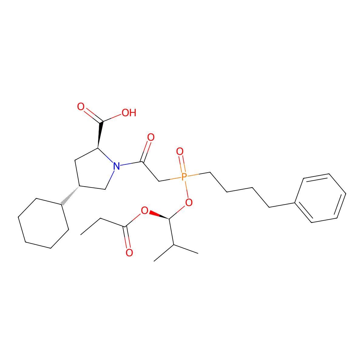 (2S,4S)-4-cyclohexyl-1-(2-{[(1S)-2-methyl-1-(propanoyloxy)propoxy](4-phenylbutyl)phosphoryl}acetyl)pyrrolidine-2-carboxylic acid molecular structure, CAS 845958-55-6