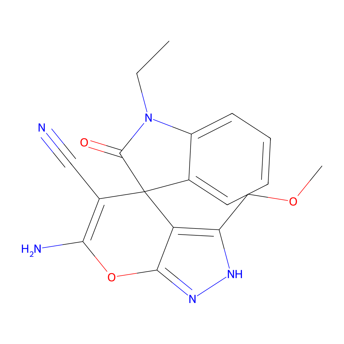 6-amino-1'-ethyl-3-(methoxymethyl)-2'-oxospiro[2H-pyrano[2,3-c]pyrazole-4,3'-indole]-5-carbonitrile molecular structure, CAS 845984-34-1