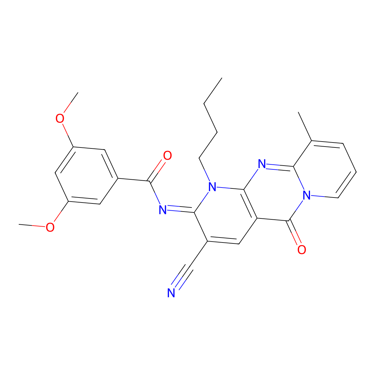 N-(1-butyl-3-cyano-10-methyl-5-oxo-1,5-dihydro-2H-dipyrido[1,2-a:2,3-d]pyrimidin-2-ylidene)-3,5-dimethoxybenzamide molecular structure, CAS 845984-62-5