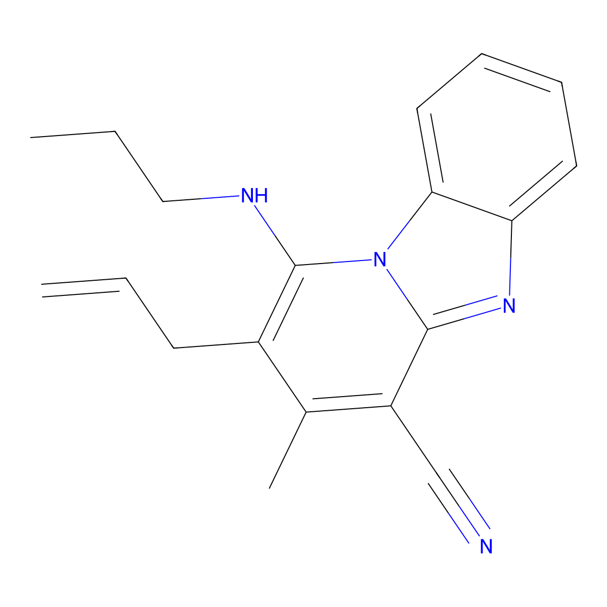 11-Methyl-12-(prop-2-en-1-yl)-13-(propylamino)-1,8-diazatricyclo[7.4.0.0^{2,7}]trideca-2(7),3,5,8,10,12-hexaene-10-carbonitrile molecular structure, CAS 845985-43-5