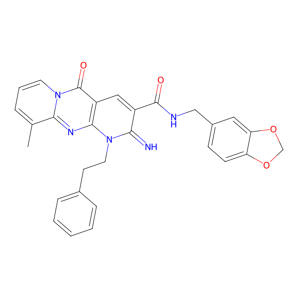 N-(1,3-benzodioxol-5-ylmethyl)-2-imino-10-methyl-5-oxo-1-(2-phenylethyl)-1,5-dihydro-2H-dipyrido[1,2-a:2',3'-d]pyrimidine-3-carboxamide molecular structure, CAS 845988-51-4