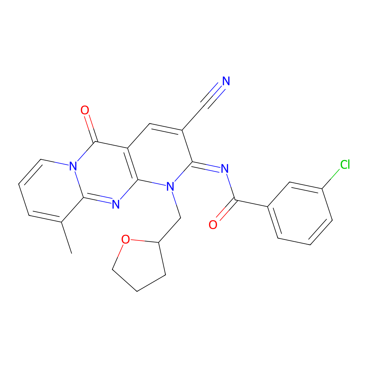 (E)-3-chloro-N-(3-cyano-10-methyl-5-oxo-1-((tetrahydrofuran-2-yl)methyl)-1H-dipyrido[1,2-a:2',3'-d]pyrimidin-2(5H)-ylidene)benzamide molecular structure, CAS 845988-81-0