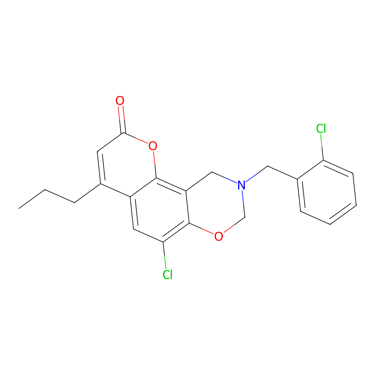 6-chloro-9-(2-chlorobenzyl)-4-propyl-9,10-dihydro-2H,8H-chromeno[8,7-e][1,3]oxazin-2-one molecular structure, CAS 845990-39-8