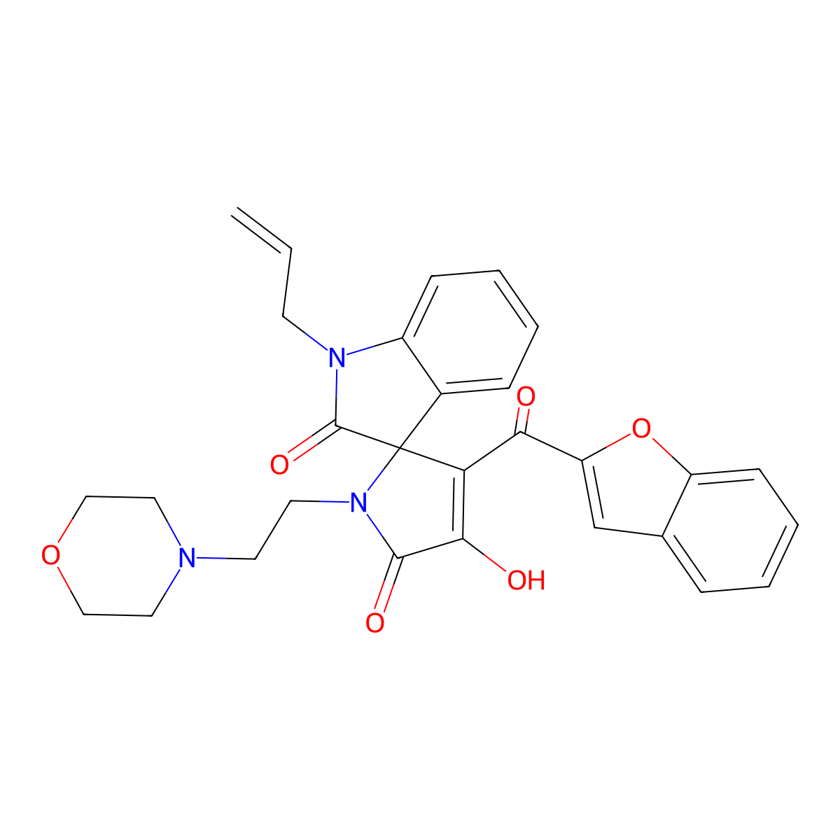 3'-(1-benzofuran-2-ylcarbonyl)-4'-hydroxy-1'-[2-(morpholin-4-yl)ethyl]-1-(prop-2-en-1-yl)spiro[indole-3,2'-pyrrole]-2,5'(1H,1'H)-dione molecular structure, CAS 845991-80-2
