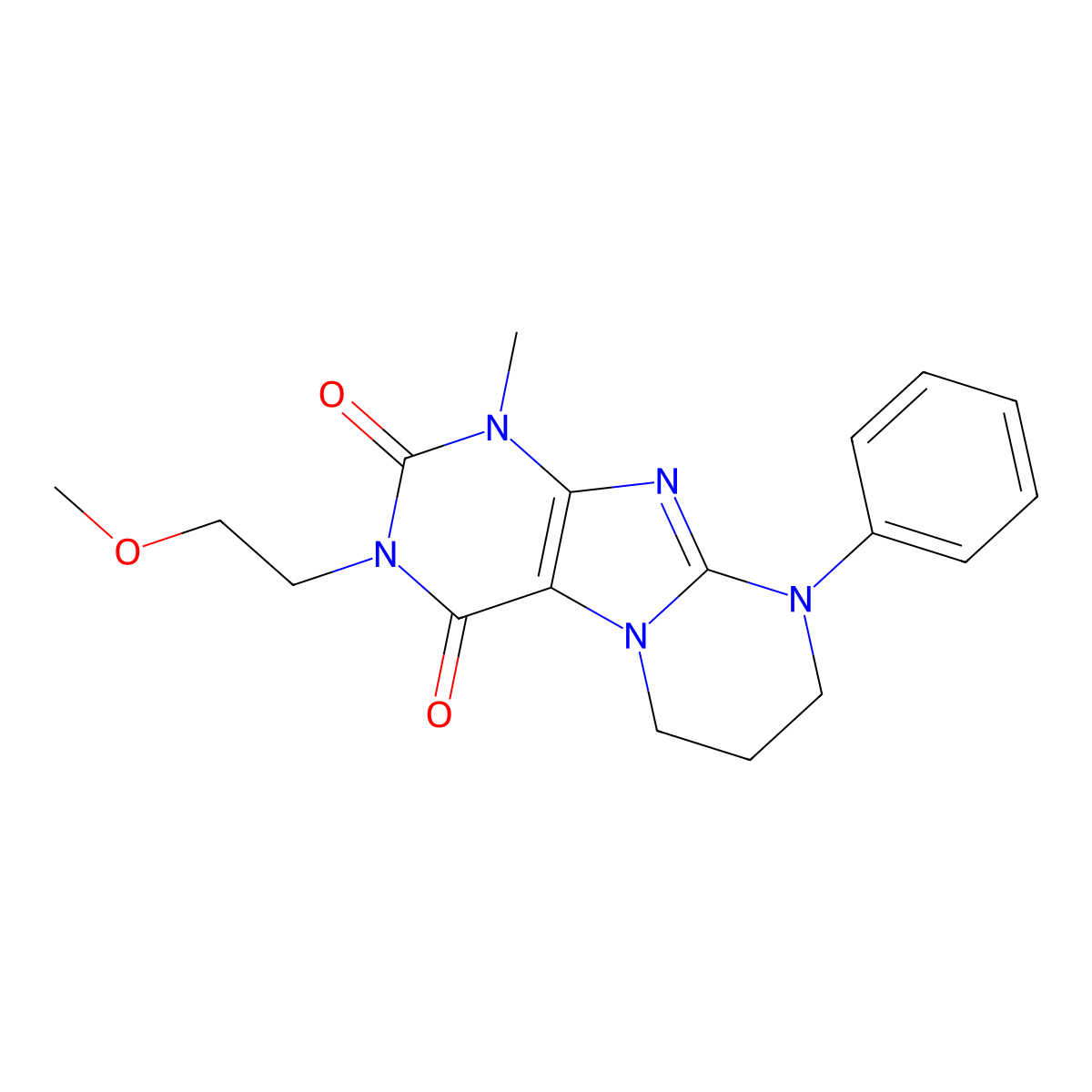 3-(2-methoxyethyl)-1-methyl-9-phenyl-6,7,8,9-tetrahydropyrimido[2,1-f]purine-2,4(1H,3H)-dione molecular structure, CAS 845992-14-5