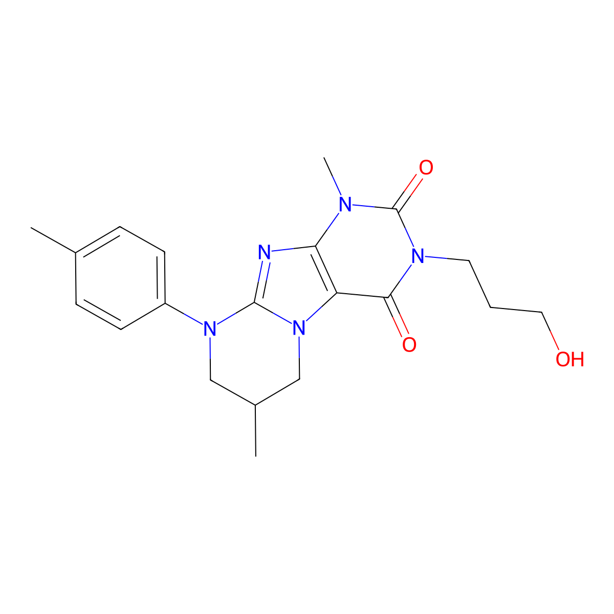 3-(3-hydroxypropyl)-1,7-dimethyl-9-(4-methylphenyl)-7,8-dihydro-6H-purino[7,8-a]pyrimidine-2,4-dione molecular structure, CAS 845992-18-9