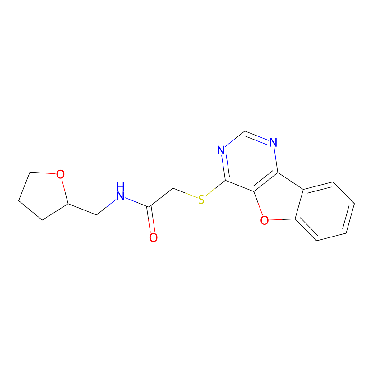 2-(benzofuro[3,2-d]pyrimidin-4-ylthio)-N-((tetrahydrofuran-2-yl)methyl)acetamide molecular structure, CAS 846026-36-6