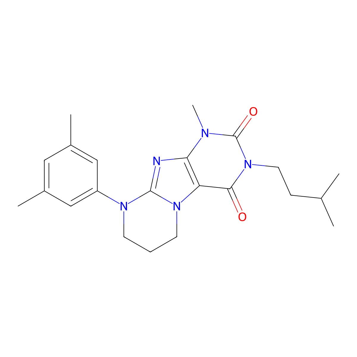 9-(3,5-dimethylphenyl)-1-methyl-3-(3-methylbutyl)-1H,2H,3H,4H,6H,7H,8H,9H-pyrimido[1,2-g]purine-2,4-dione molecular structure, CAS 846030-19-1