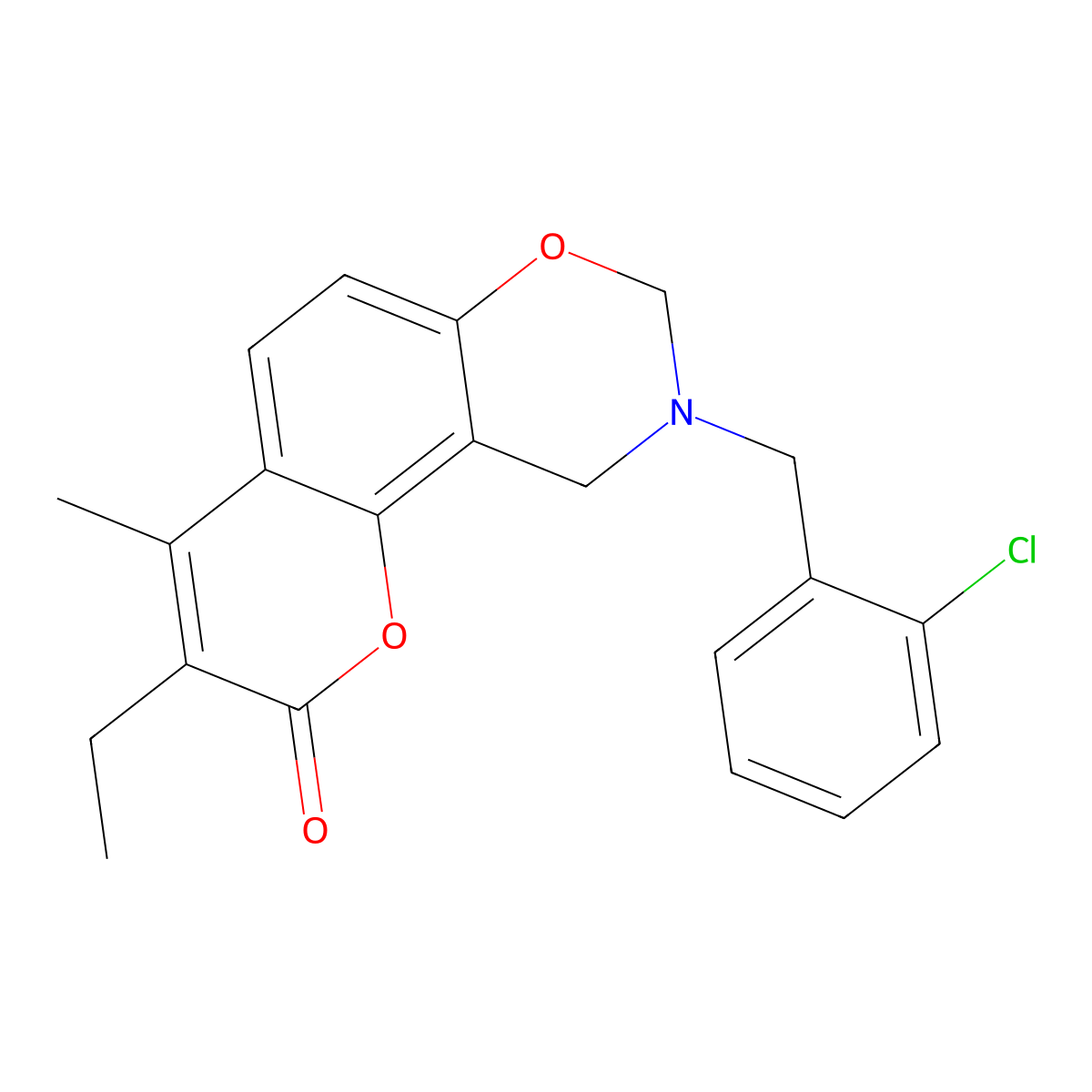 9-(2-chlorobenzyl)-3-ethyl-4-methyl-9,10-dihydro-2H,8H-chromeno[8,7-e][1,3]oxazin-2-one molecular structure, CAS 846062-36-0
