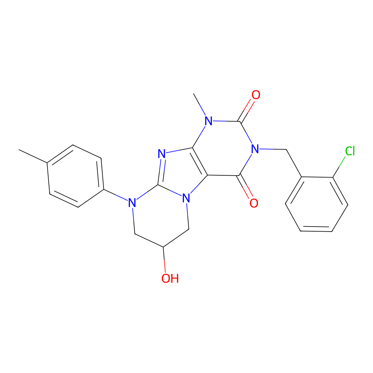 3-(2-chlorobenzyl)-7-hydroxy-1-methyl-9-(p-tolyl)-6,7,8,9-tetrahydropyrimido[2,1-f]purine-2,4(1H,3H)-dione molecular structure, CAS 846062-89-3