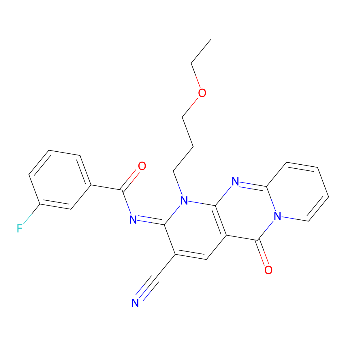 (E)-N-(3-cyano-1-(3-ethoxypropyl)-5-oxo-1H-dipyrido[1,2-a:2',3'-d]pyrimidin-2(5H)-ylidene)-3-fluorobenzamide molecular structure, CAS 846062-91-7