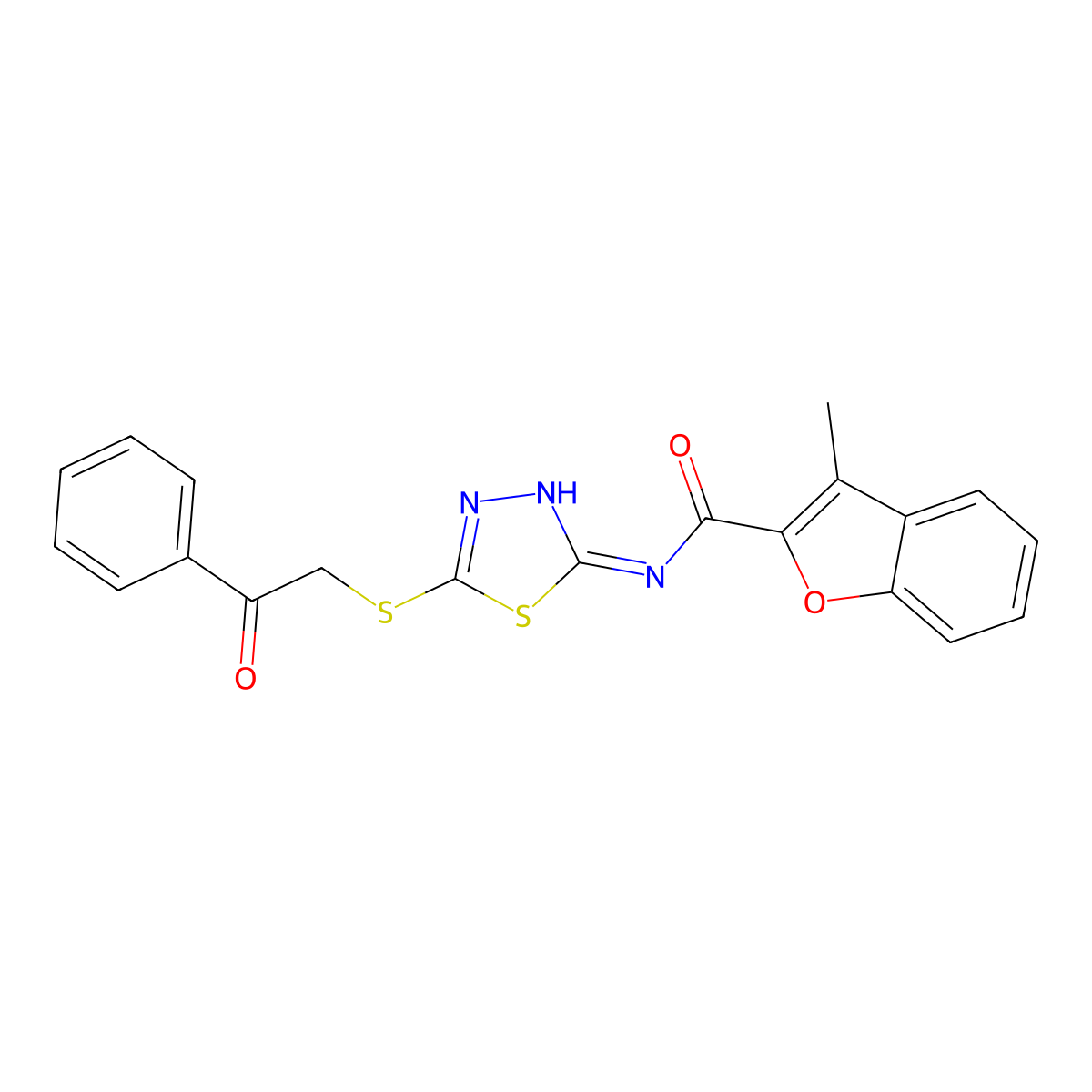 3-methyl-N-{5-[(2-oxo-2-phenylethyl)sulfanyl]-1,3,4-thiadiazol-2-yl}-1-benzofuran-2-carboxamide molecular structure, CAS 846063-55-6