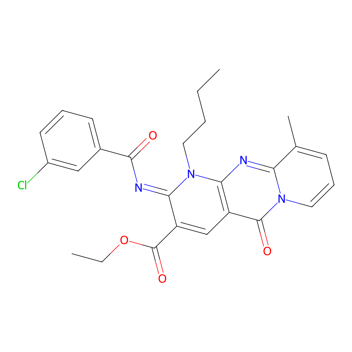 (Z)-ethyl 1-butyl-2-((3-chlorobenzoyl)imino)-10-methyl-5-oxo-2,5-dihydro-1H-dipyrido[1,2-a:2',3'-d]pyrimidine-3-carboxylate molecular structure, CAS 846064-08-2