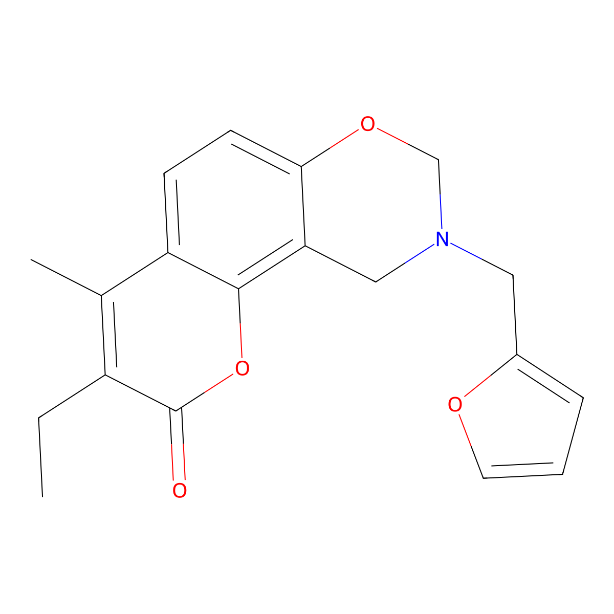3-ethyl-9-(2-furylmethyl)-4-methyl-9,10-dihydro-2H,8H-chromeno[8,7-e][1,3]oxazin-2-one molecular structure, CAS 846064-18-4