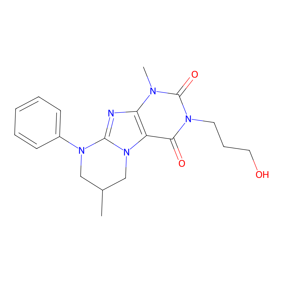 3-(3-hydroxypropyl)-1,7-dimethyl-9-phenyl-6,7,8,9-tetrahydropyrimido[2,1-f]purine-2,4(1H,3H)-dione molecular structure, CAS 846064-43-5