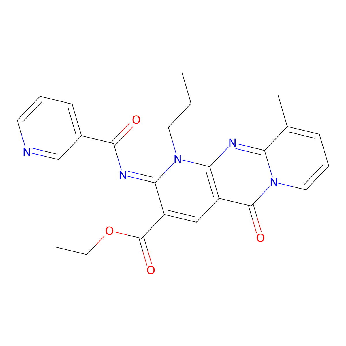 ethyl 10-methyl-5-oxo-1-propyl-2-[(3-pyridinylcarbonyl)imino]-1,5-dihydro-2H-dipyrido[1,2-a:2,3-d]pyrimidine-3-carboxylate molecular structure, CAS 846064-75-3
