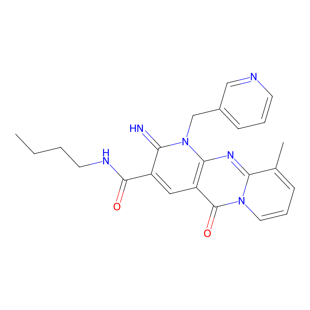 2-Imino-8-methyl-10-oxo-1-pyridin-3-ylmethyl-1,10-dihydro-2H-1,9,10a-triaza-anthracene-3-carboxylic acid butylamide molecular structure, CAS 846065-75-6