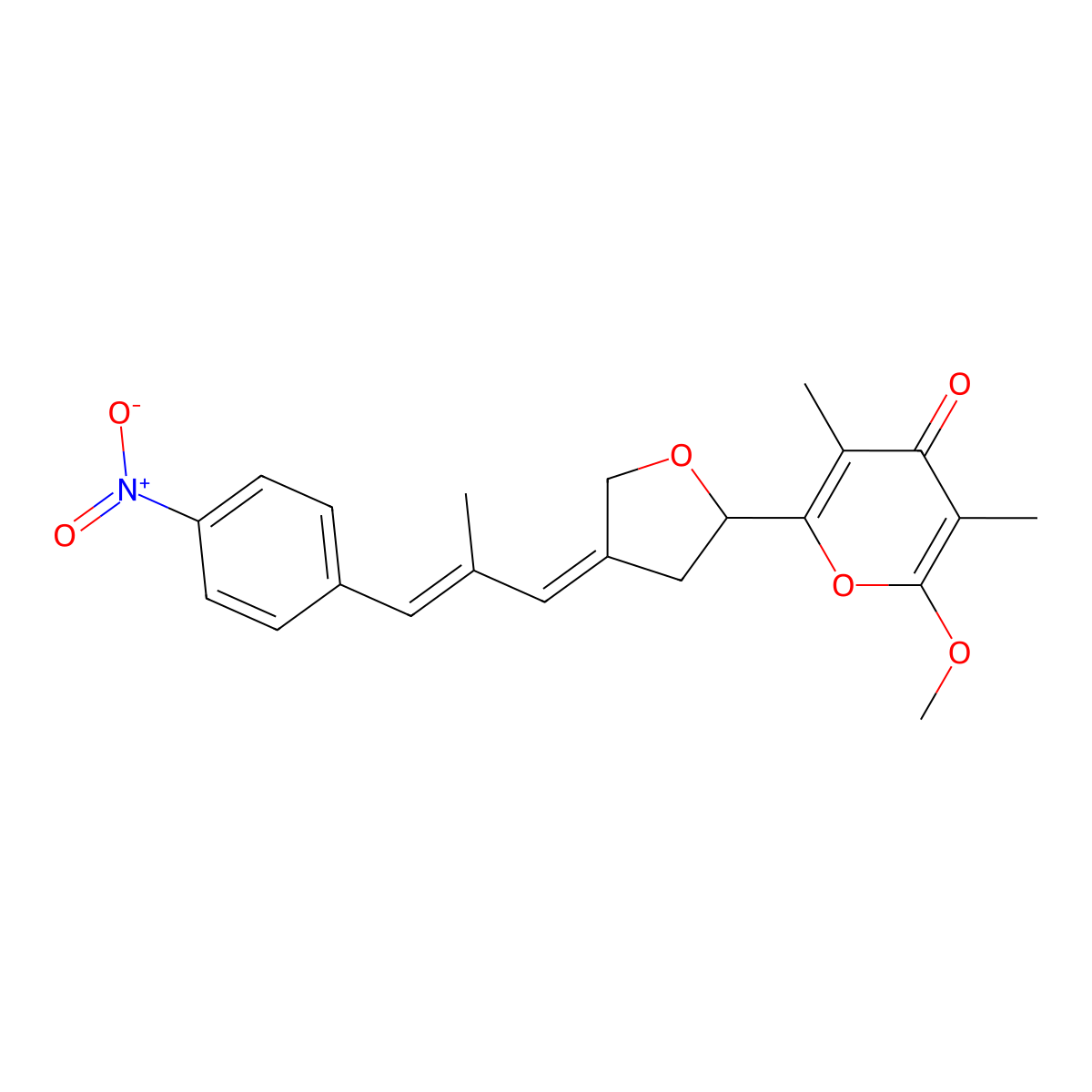 2-methoxy-3,5-dimethyl-6-[(4Z)-4-[(E)-2-methyl-3-(4-nitrophenyl)prop-2-enylidene]oxolan-2-yl]pyran-4-one molecular structure, CAS 846571-47-9