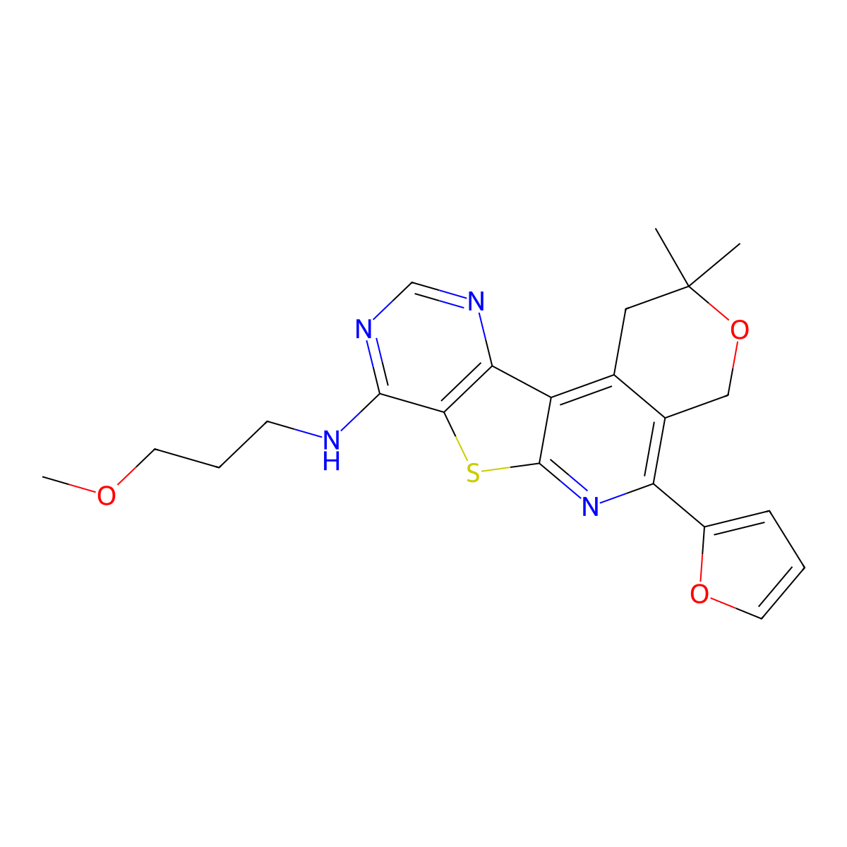 (5-Furan-2-yl-2,2-dimethyl-1,4-dihydro-2H-3-oxa-7-thia-6,9,11-triaza-benzo[c]fluoren-8-yl)-(3-methoxy-p ropyl)-amine molecular structure, CAS 846579-74-6