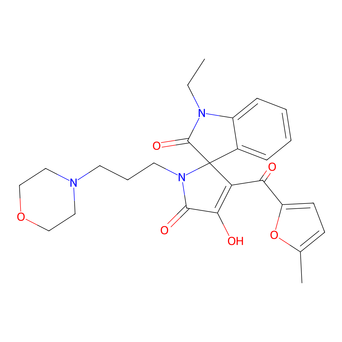 1-ethyl-4'-hydroxy-3'-[(5-methylfuran-2-yl)carbonyl]-1'-[3-(morpholin-4-yl)propyl]spiro[indole-3,2'-pyrrole]-2,5'(1H,1'H)-dione molecular structure, CAS 846580-91-4