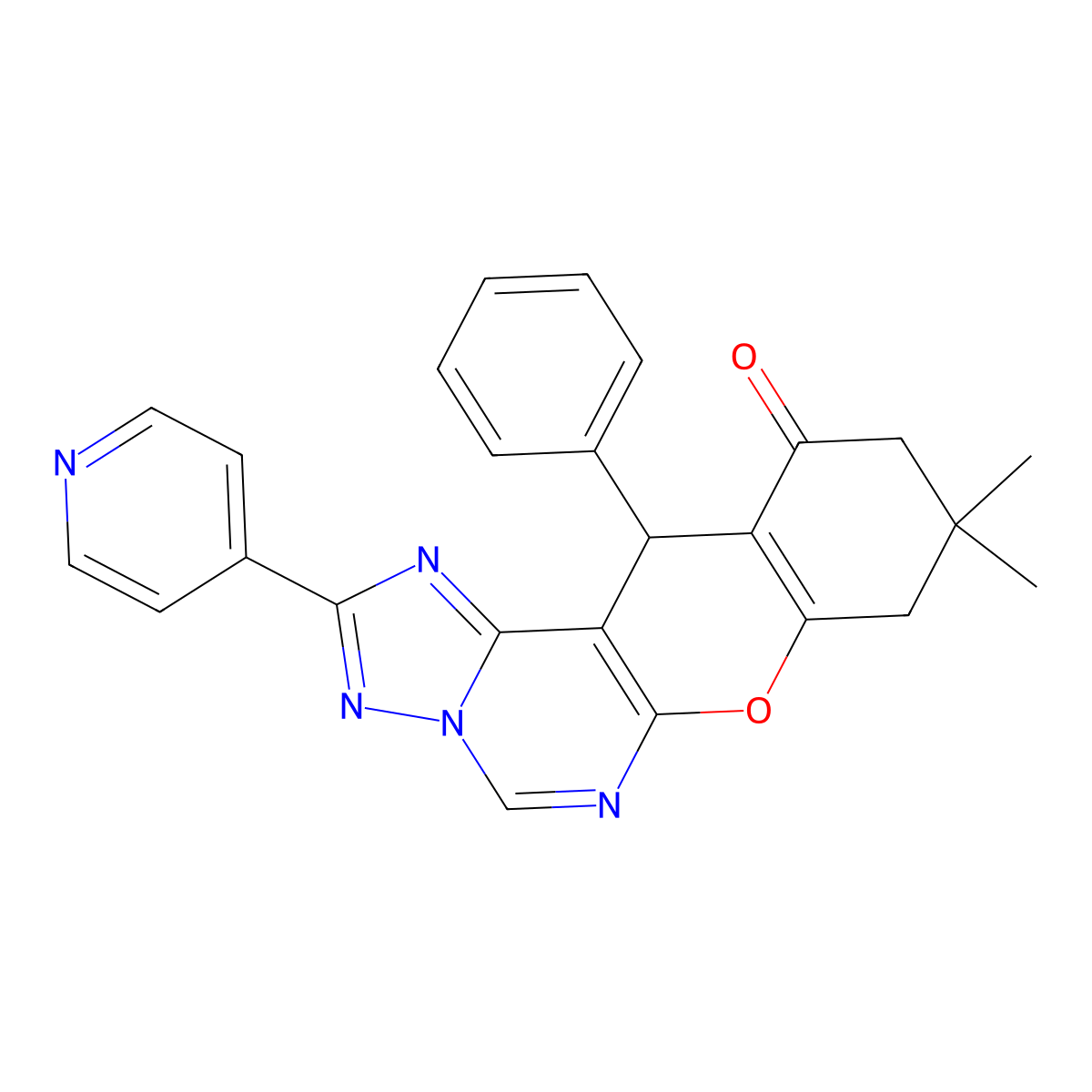 9,9-dimethyl-12-phenyl-2-(pyridin-4-yl)-9,10-dihydro-8H-chromeno[3,2-e][1,2,4]triazolo[1,5-c]pyrimidin-11(12H)-one molecular structure, CAS 846581-63-3