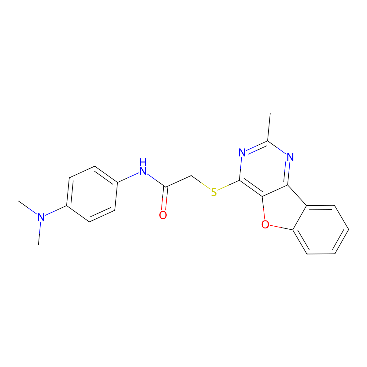 N-(4-(dimethylamino)phenyl)-2-((2-methylbenzofuro[3,2-d]pyrimidin-4-yl)thio)acetamide molecular structure, CAS 846582-93-2
