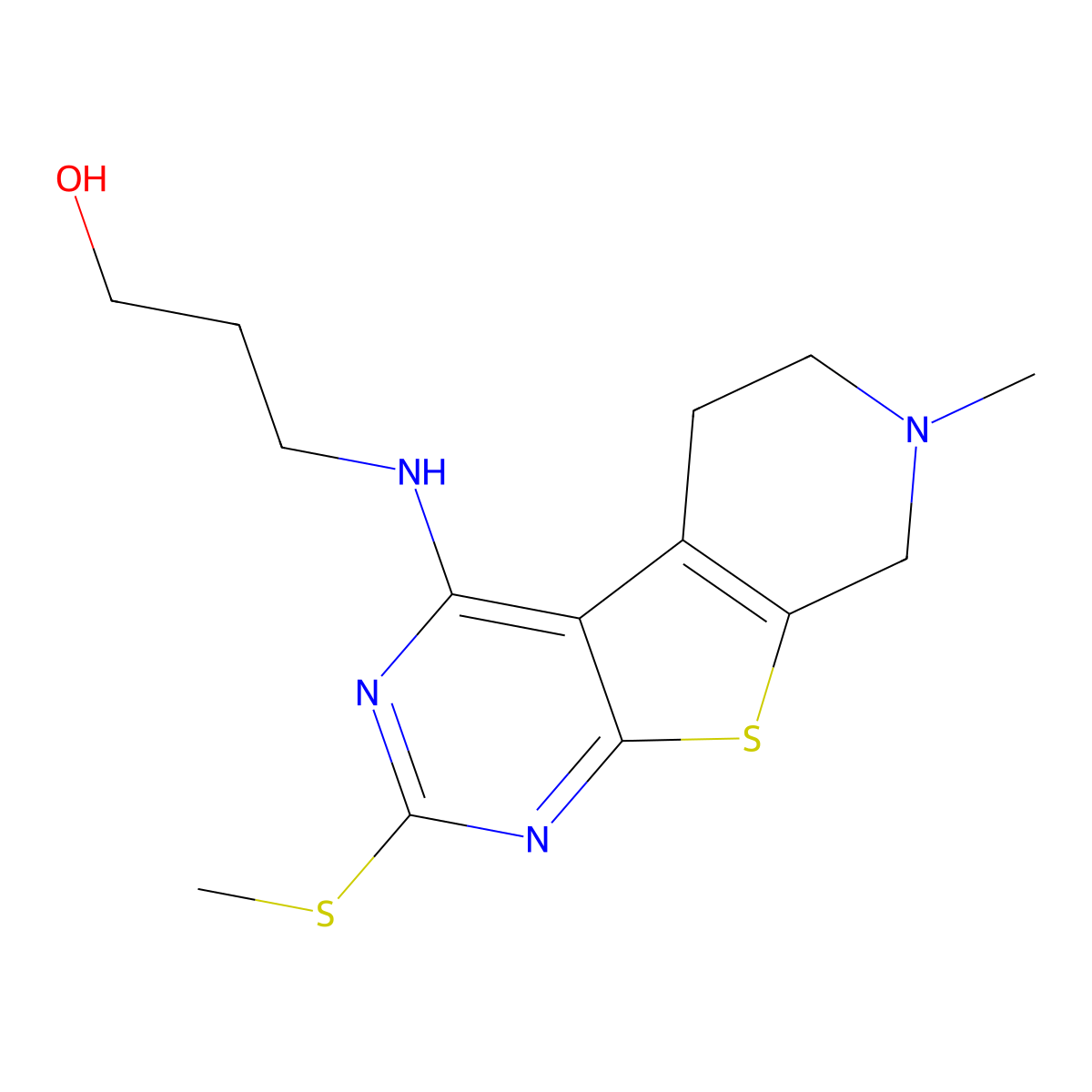 3-(7-Methyl-2-methylsulfanyl-5,6,7,8-tetrahydro-pyrido[4',3':4,5]thieno[2,3-d]pyrimidin-4-ylamino)-propa n-1-ol molecular structure, CAS 846582-98-7