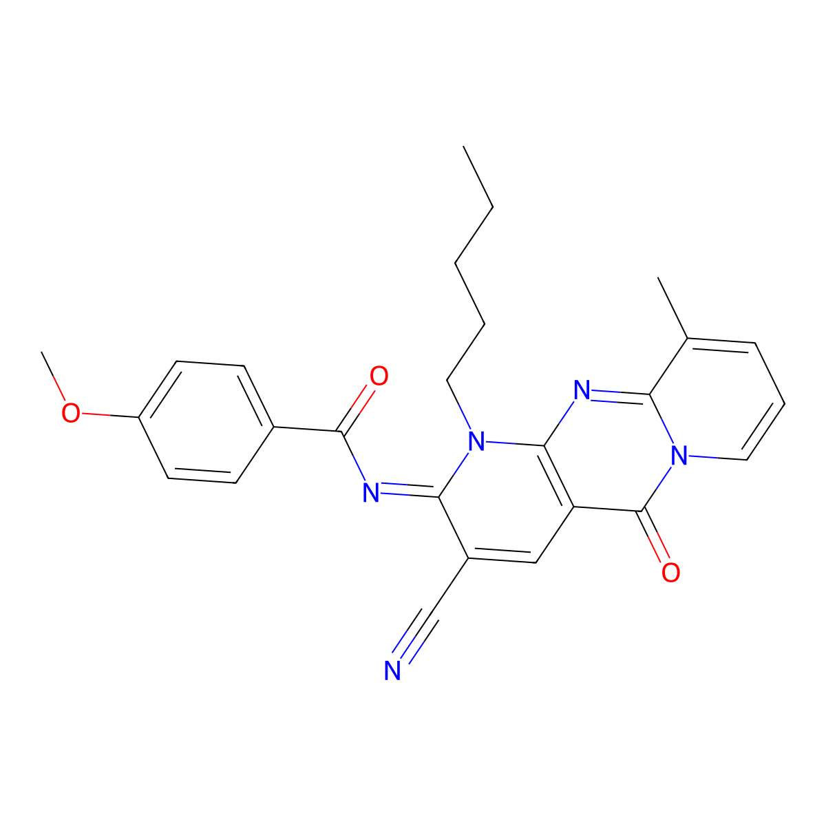 (E)-N-(3-cyano-10-methyl-5-oxo-1-pentyl-1H-dipyrido[1,2-a:2',3'-d]pyrimidin-2(5H)-ylidene)-4-methoxybenzamide molecular structure, CAS 846583-62-8