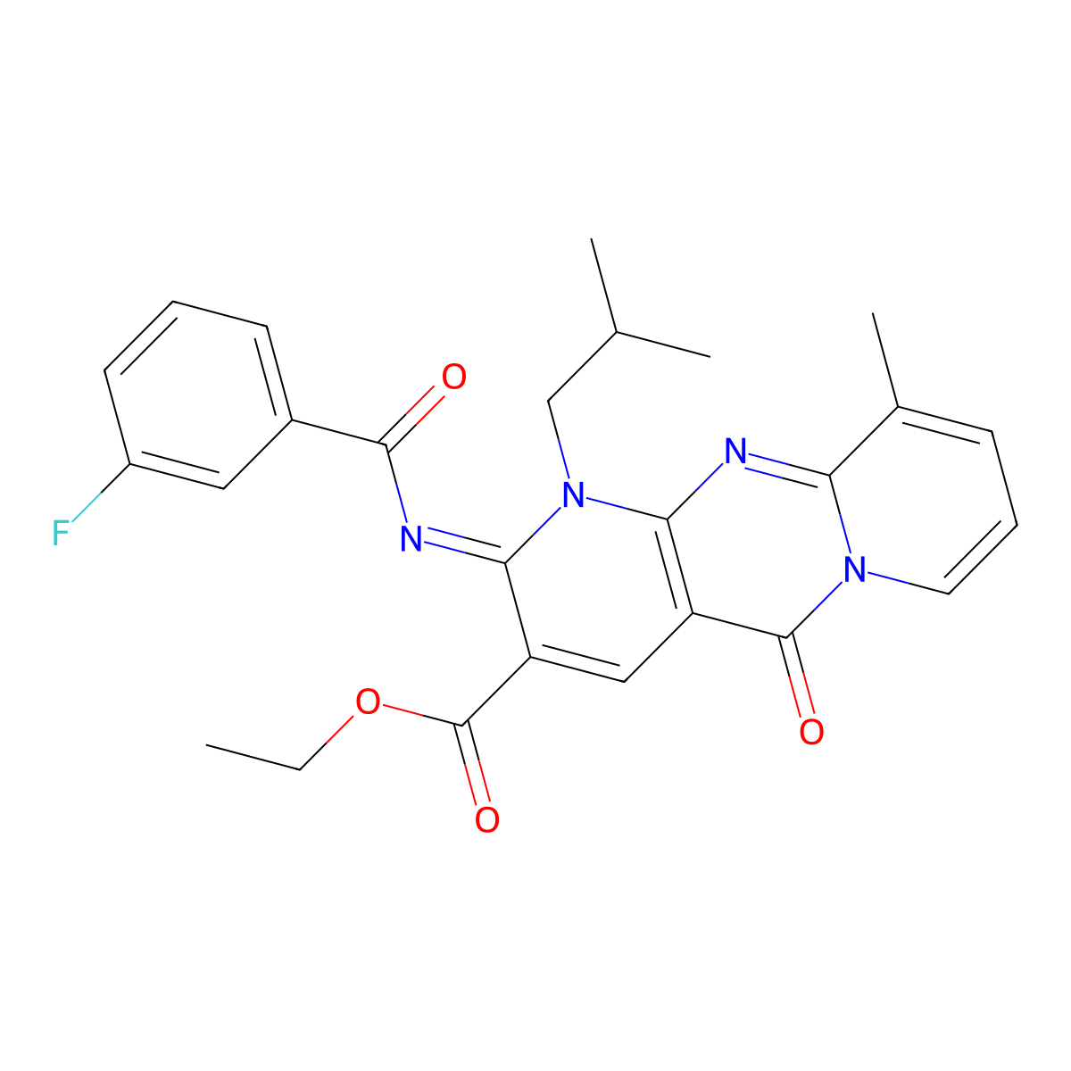 (Z)-ethyl 2-((3-fluorobenzoyl)imino)-1-isobutyl-10-methyl-5-oxo-2,5-dihydro-1H-dipyrido[1,2-a:2',3'-d]pyrimidine-3-carboxylate molecular structure, CAS 846584-02-9