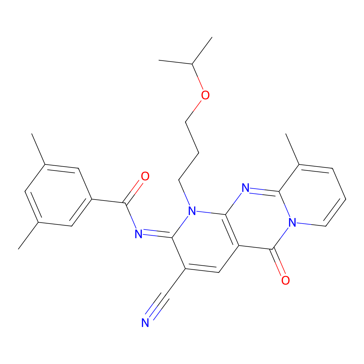 N-[3-cyano-1-(3-isopropoxypropyl)-10-methyl-5-oxo-1,5-dihydro-2H-dipyrido[1,2-a:2,3-d]pyrimidin-2-ylidene]-3,5-dimethylbenzamide molecular structure, CAS 846584-21-2