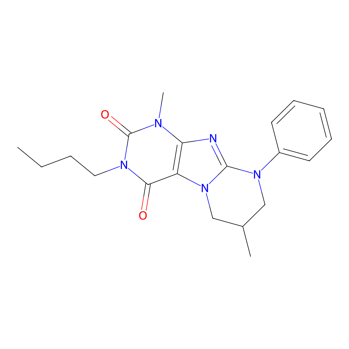 3-butyl-1,7-dimethyl-9-phenyl-6,7,8,9-tetrahydropyrimido[2,1-f]purine-2,4(1H,3H)-dione molecular structure, CAS 846584-52-9