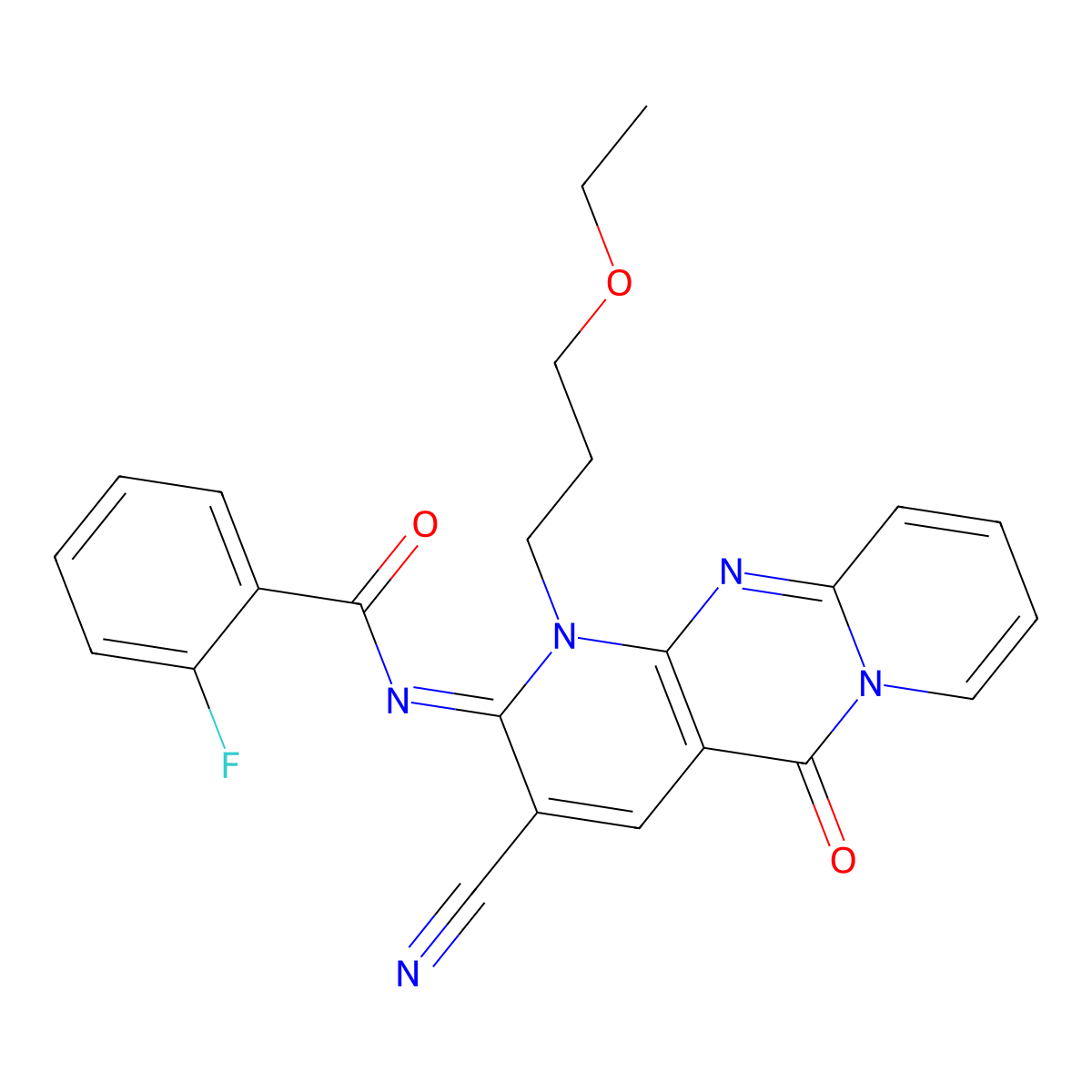 (E)-N-(3-cyano-1-(3-ethoxypropyl)-5-oxo-1H-dipyrido[1,2-a:2',3'-d]pyrimidin-2(5H)-ylidene)-2-fluorobenzamide molecular structure, CAS 846584-85-8