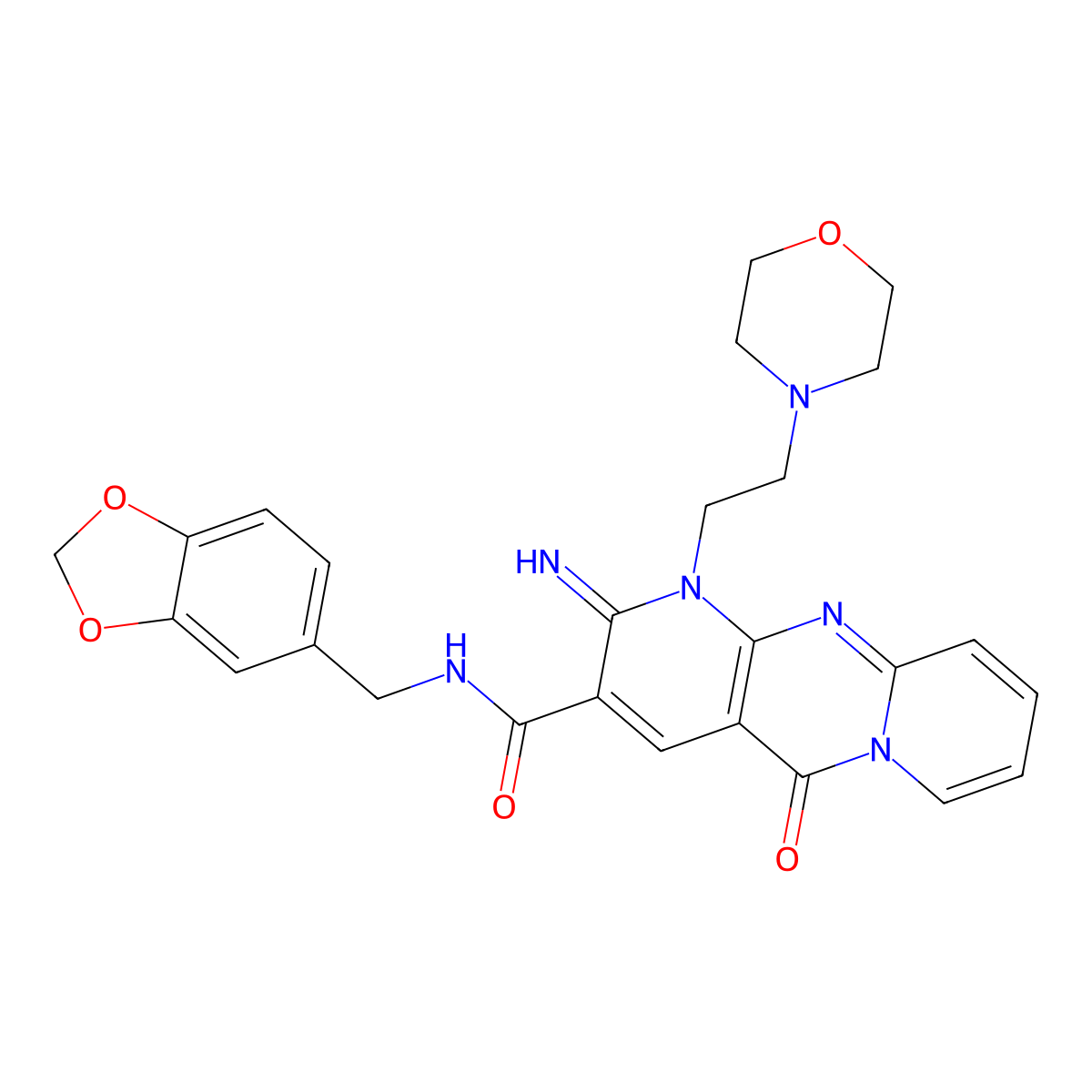 N-(2H-benzo[3,4-d]1,3-dioxolan-5-ylmethyl)[2-imino-1-(2-morpholin-4-ylethyl)-5-oxo(1,6-dihydropyridino[1,2-a]pyridino[2,3-d]pyrimidin-3-yl)]carboxamide molecular structure, CAS 846586-42-3