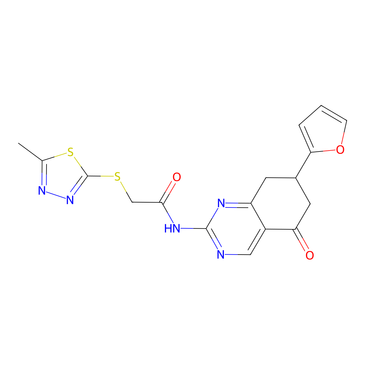 N-[7-(furan-2-yl)-5-oxo-5,6,7,8-tetrahydroquinazolin-2-yl]-2-[(5-methyl-1,3,4-thiadiazol-2-yl)sulfanyl]acetamide molecular structure, CAS 846586-49-0
