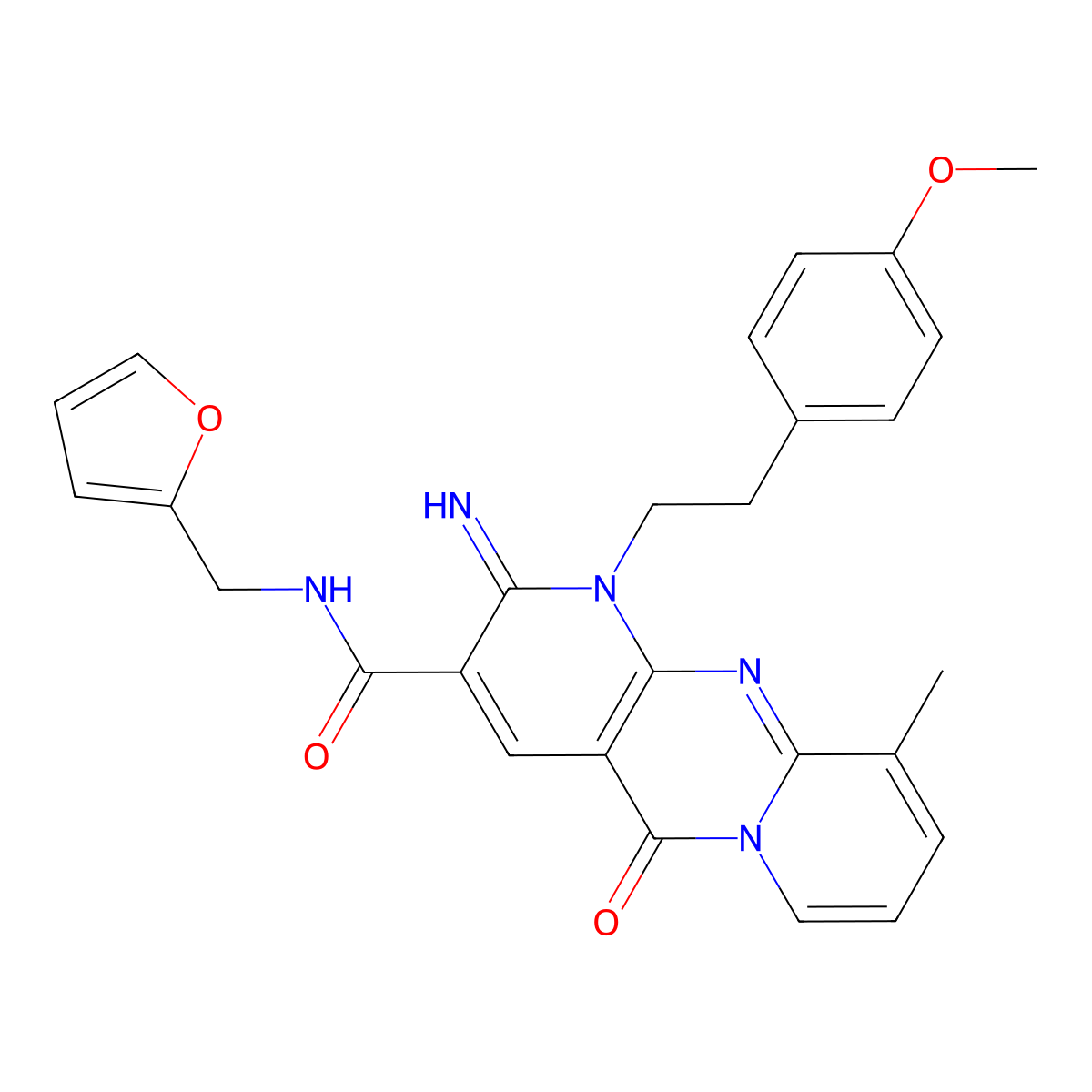 2-azanylidene-N-(furan-2-ylmethyl)-1-[2-(4-methoxyphenyl)ethyl]-10-methyl-5-oxidanylidene-dipyrido[3,4-c:1'',2''-f]pyrimidine-3-carboxamide molecular structure, CAS 846586-51-4