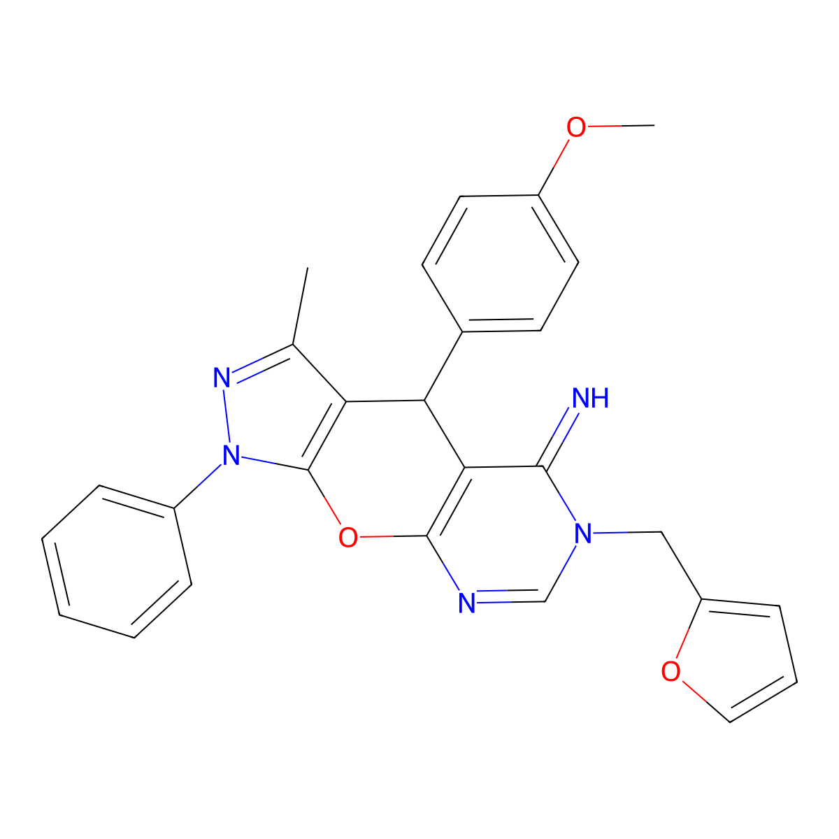 6-(furan-2-ylmethyl)-4-(4-methoxyphenyl)-3-methyl-1-phenyl-4,6-dihydropyrazolo[4',3':5,6]pyrano[2,3-d]pyrimidin-5(1H)-imine molecular structure, CAS 846587-26-6
